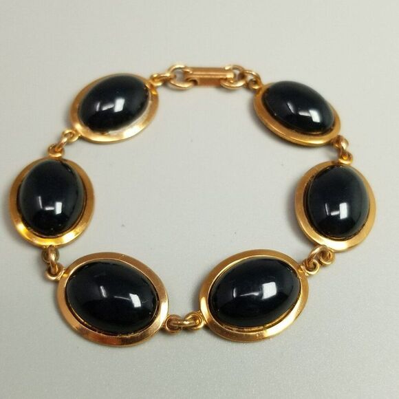 Vintage Black Cabochon and Copper Color Six Panel Chain Bracelet, 7 1/2 Inches - Picture 1 of 6